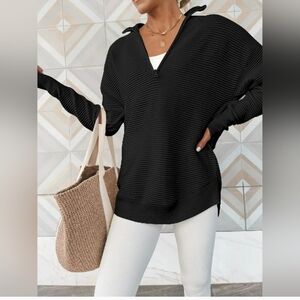 Black V-Neck Half Zip Long Sleeve Knit Top Sweater